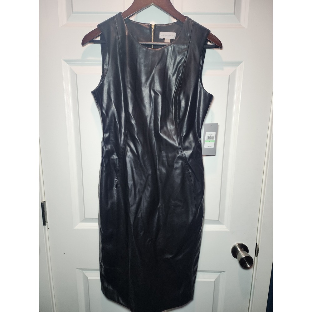 Marc New York Faux Leather Sleeveless Sheath Dress Black Gold Zip size 8